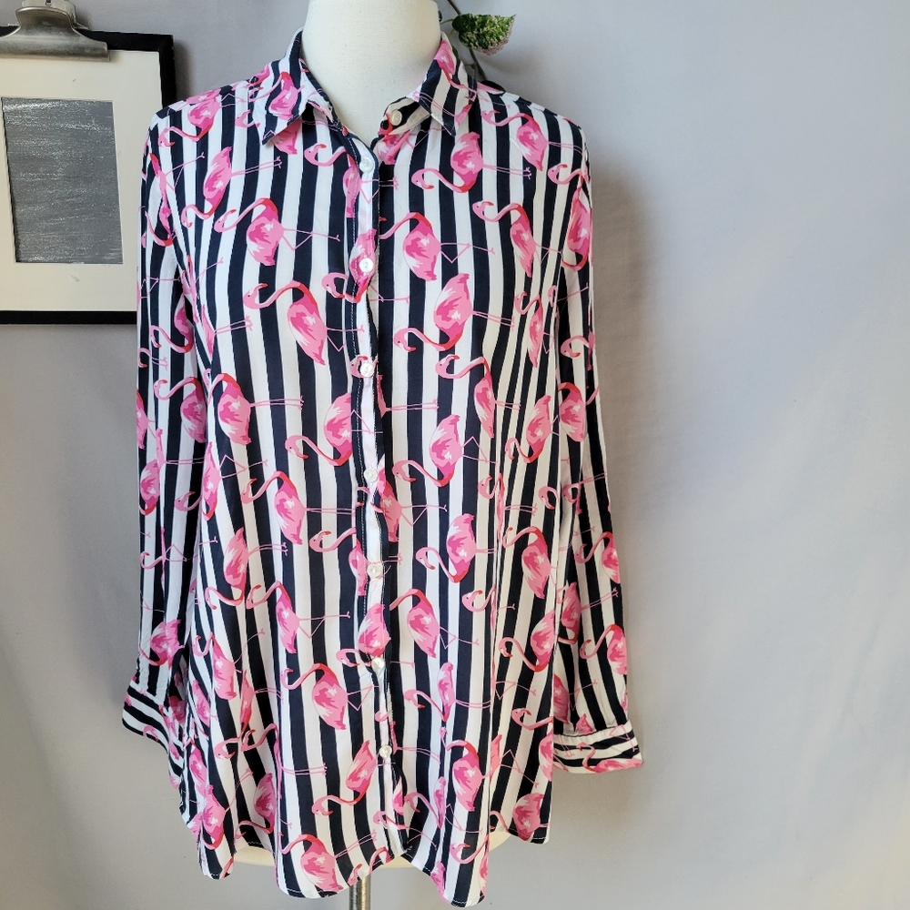 Milano Italy Flamingo Novelty Print Stripe Button Up Shirt 42‎ or L